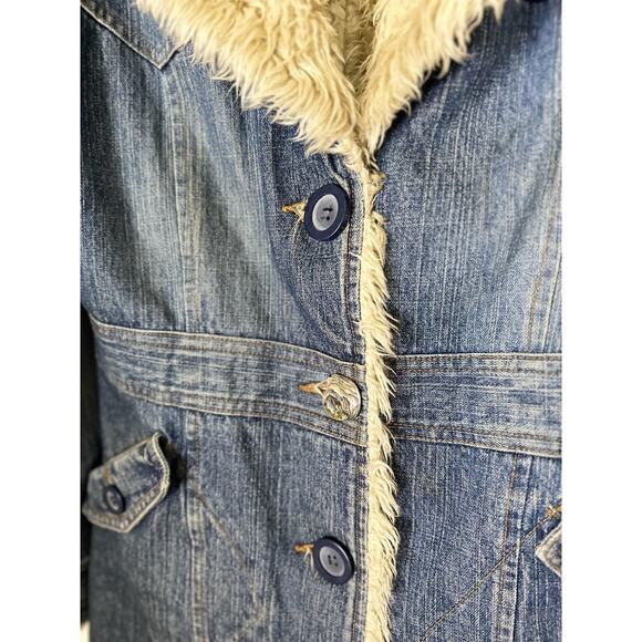 VTG Steve Madden Coat Womens Medium Blue Denim Faux Shearling Lined Long Y2K - Picture 5 of 10